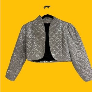 Vintage Square Bolero Style Jacket Lamé Silver Metallic Quilted Puffer Blazer
